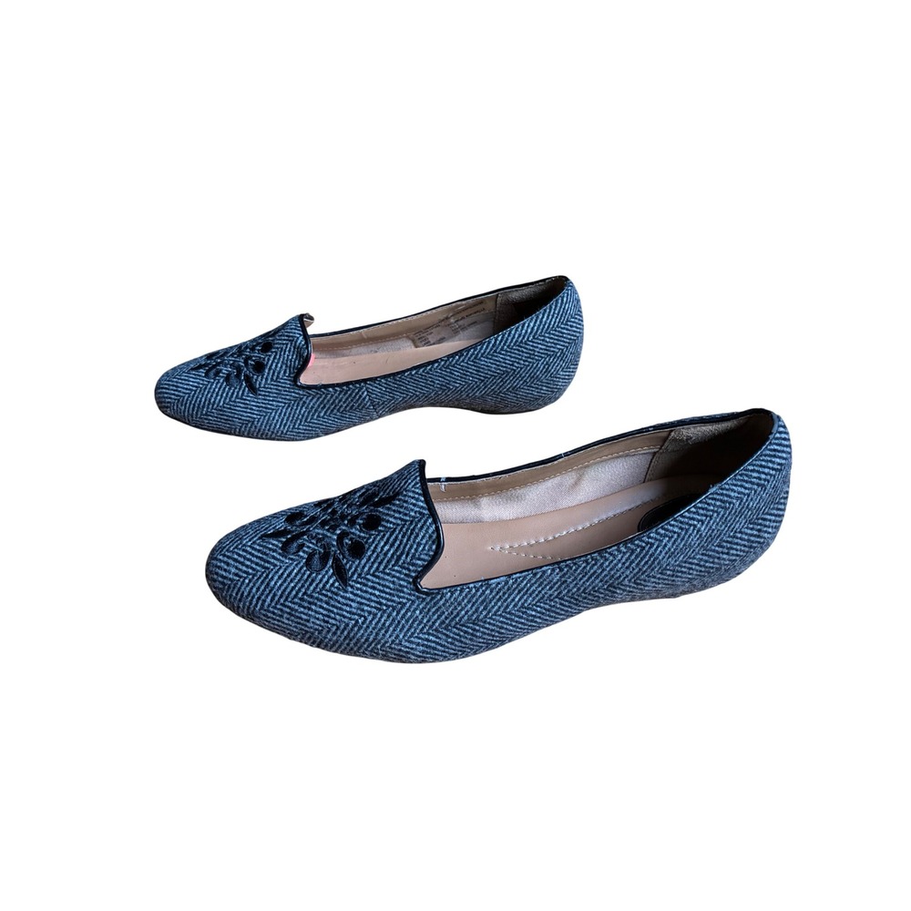 Clarks Womens Herringbone Wool Blend Embroidered Loafers 9.5 Grey Black Flats